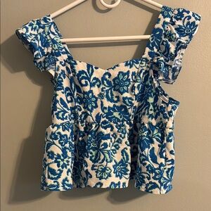 SHEIN Blue and White Ruffled Sleeveless Cropped Blouse. Never worn
